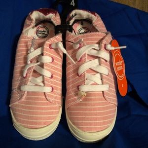 Pink & White strips with Fuchsia at back of shoe Size: 4 (girls) white bottom